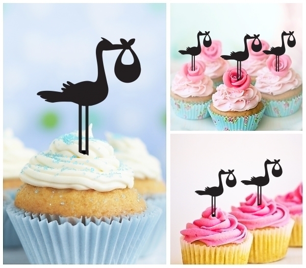 Laser Cut Stork Bird Flying Holding Newborn Baby cupcake topper
